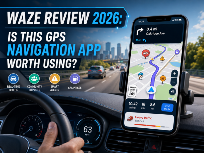 waze-gps-maps-traffic-alerts-live-navigation (Custom) Waze GPS navigation app showing live traffic alerts on a smartphone