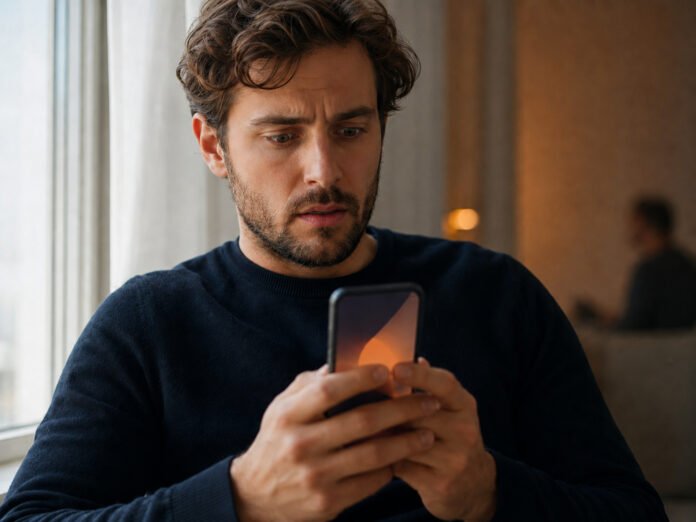 Checking a phone for signs of monitoring A person sitting by a window checking privacy settings on their smartphone.