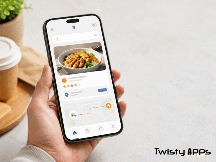 Smartphone showing a food delivery and restaurant discovery app interface on a clean background.