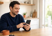 How to Secure Your Phone: A 20-Minute Checklist (2026) A person at a kitchen table changing a security setting on their smartphone.