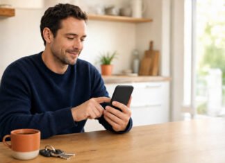 How to Secure Your Phone: A 20-Minute Checklist (2026) A person at a kitchen table changing a security setting on their smartphone.