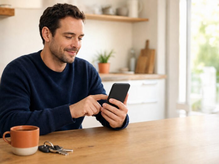 A person at a kitchen table changing a security setting on their smartphone.
