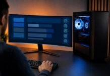 Windows 11 for Gaming in 2026: Is It Actually Better, and Is Your PC Ready? Gaming PC and wide monitor on a desk showing an abstract readiness checklist