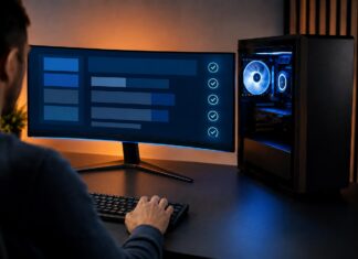 Windows 11 for Gaming in 2026: Is It Actually Better, and Is Your PC Ready? Gaming PC and wide monitor on a desk showing an abstract readiness checklist