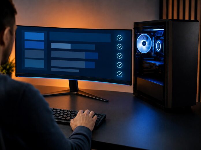 Windows 11 gaming readiness Gaming PC and wide monitor on a desk showing an abstract readiness checklist