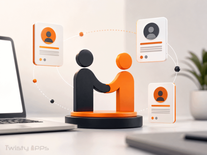 Freelancer connecting with clients through a professional networking service, represented by abstract profile and service cards.
