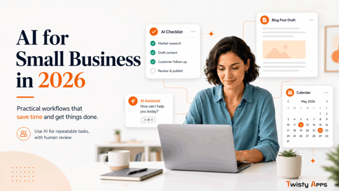 Small business owner at a laptop using simple AI workflows for support, writing, research, and marketing, with a checkmark for human review