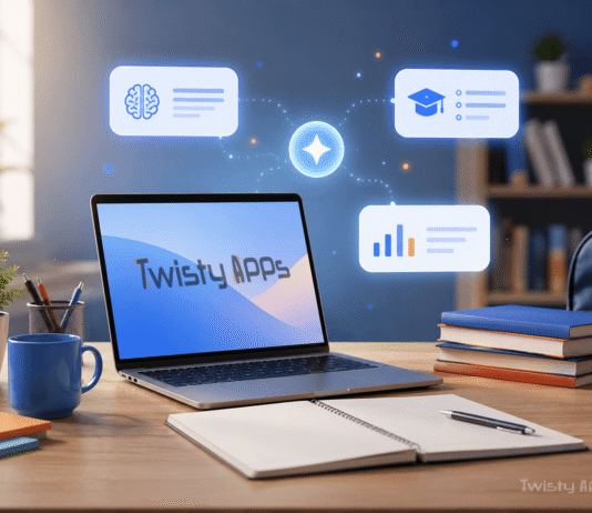 Best AI Tools for Students in 2026 (Free and Paid, by Task) Student study desk with a laptop, notebook, and abstract AI assistant panels representing AI study tools.