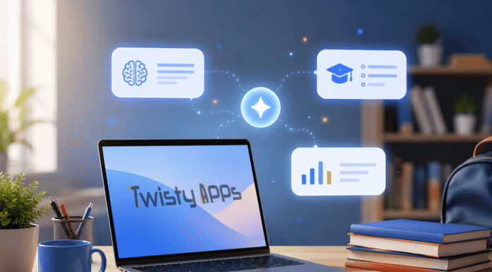 Best AI Tools for Students in 2026 (Free and Paid, by Task) Student study desk with a laptop, notebook, and abstract AI assistant panels representing AI study tools.
