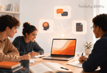 Best AI Tools for Students in 2026 (Free and Paid, by Task) Student study desk with a laptop, notebook, and abstract AI assistant panels representing AI study tools.