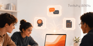 Best AI Tools for Students in 2026 (Free and Paid, by Task) Student study desk with a laptop, notebook, and abstract AI assistant panels representing AI study tools.
