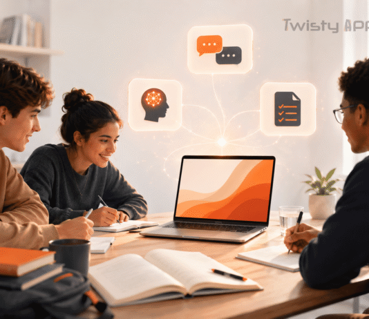 Best AI Tools for Students in 2026 (Free and Paid, by Task) Student study desk with a laptop, notebook, and abstract AI assistant panels representing AI study tools.