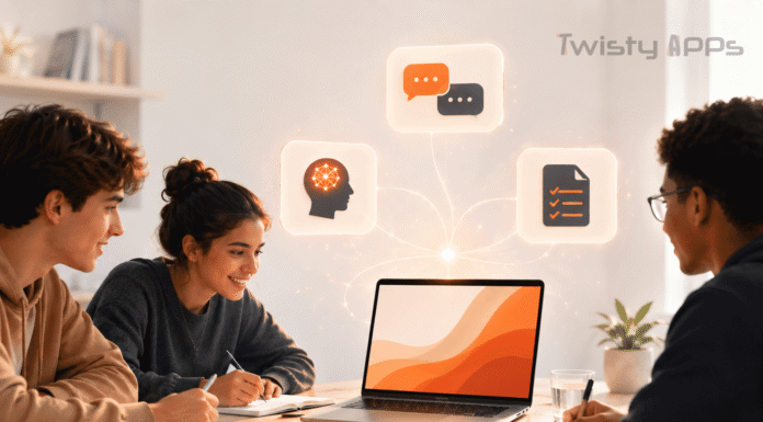 Best AI Tools for Students in 2026 (Free and Paid, by Task) Student study desk with a laptop, notebook, and abstract AI assistant panels representing AI study tools.