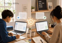 Best Free AI Writing Tools in 2026 (for Students, Bloggers, and Beginners) Illustration of a laptop and notebook with an abstract AI writing assistant on a clean desk.