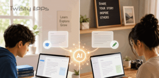 Best Free AI Writing Tools in 2026 (for Students, Bloggers, and Beginners) Illustration of a laptop and notebook with an abstract AI writing assistant on a clean desk.
