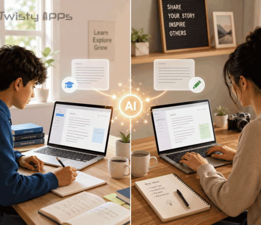 Best Free AI Writing Tools in 2026 (for Students, Bloggers, and Beginners) Illustration of a laptop and notebook with an abstract AI writing assistant on a clean desk.
