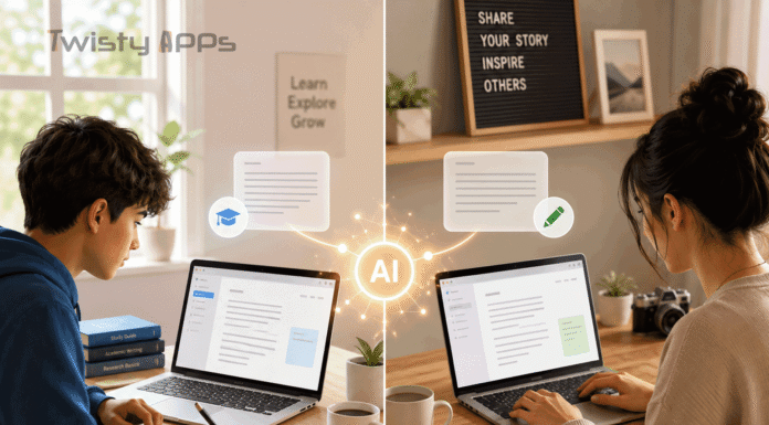 Best Free AI Writing Tools in 2026 (for Students, Bloggers, and Beginners) Illustration of a laptop and notebook with an abstract AI writing assistant on a clean desk.