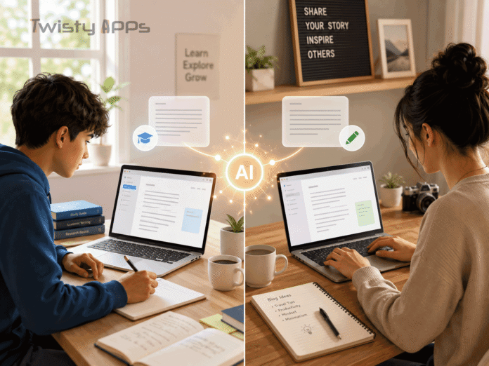 Illustration of a laptop and notebook with an abstract AI writing assistant on a clean desk.
