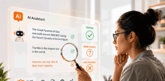 How to Check AI Answers Before You Trust Them Checklist for verifying AI answers next to a laptop showing a generic chat interface.