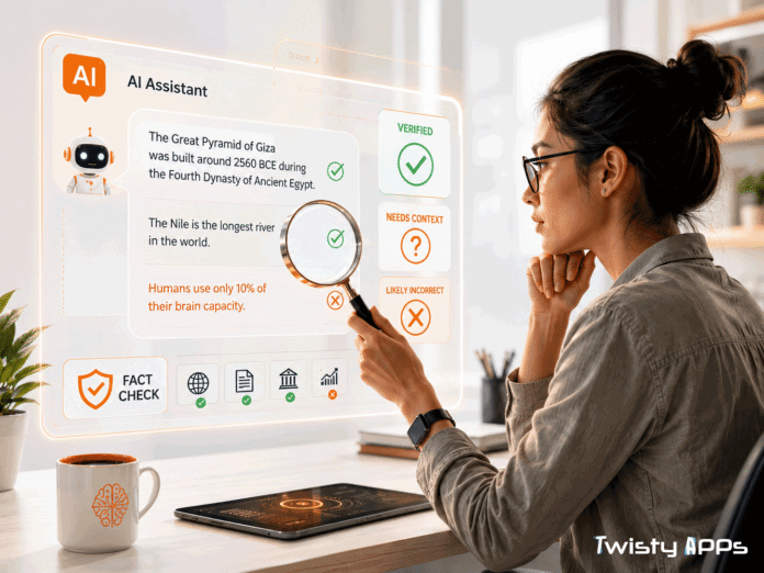 Checklist for verifying AI answers next to a laptop showing a generic chat interface.