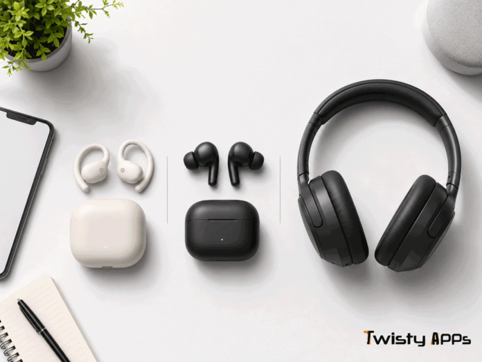 Featured Image Prompt — Which AirPods should you buy? Three styles of wireless earbuds and headphones arranged on a clean background for comparison.