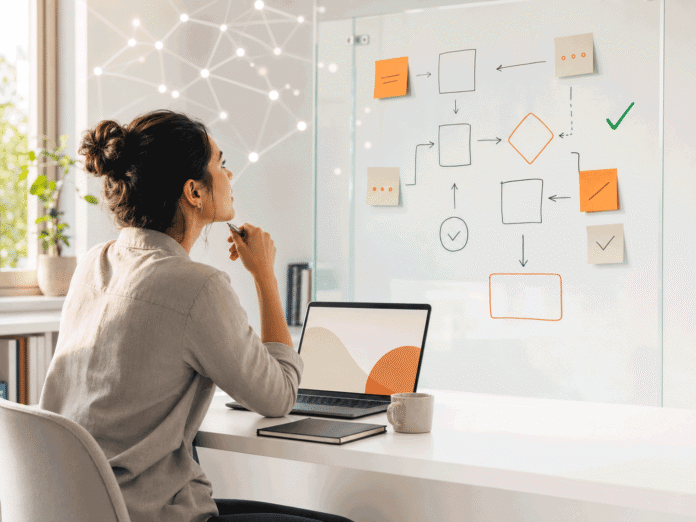 featured-image-tw Software developer turning from a laptop keyboard toward a planning board, representing the shift in software jobs as AI changes the work in 2026.