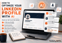 How to Optimize Your LinkedIn Profile With AI (2026) Laptop showing a generic professional profile card with a completion check-mark and an abstract AI glow, illustrating optimizing a profile with AI.