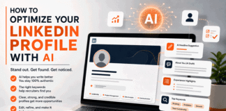 How to Optimize Your LinkedIn Profile With AI (2026) Laptop showing a generic professional profile card with a completion check-mark and an abstract AI glow, illustrating optimizing a profile with AI.