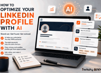 How to Optimize Your LinkedIn Profile With AI (2026) Laptop showing a generic professional profile card with a completion check-mark and an abstract AI glow, illustrating optimizing a profile with AI.