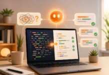 Best AI Coding Tools for Beginners in 2026 (What to Use and Why) Illustration of a beginner's laptop where abstract code turns into simple plain-language guidance, representing AI coding tools for new coders.