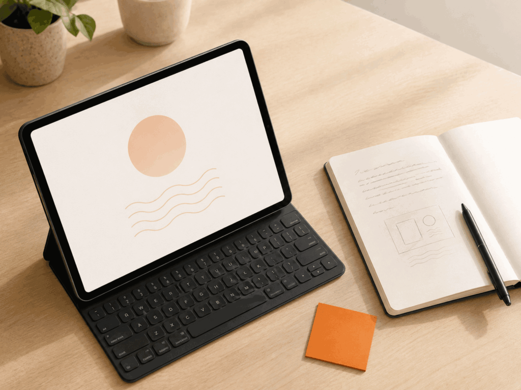 A student desk with an unbranded laptop showing a simple project card and a notebook containing a written explanation of the project