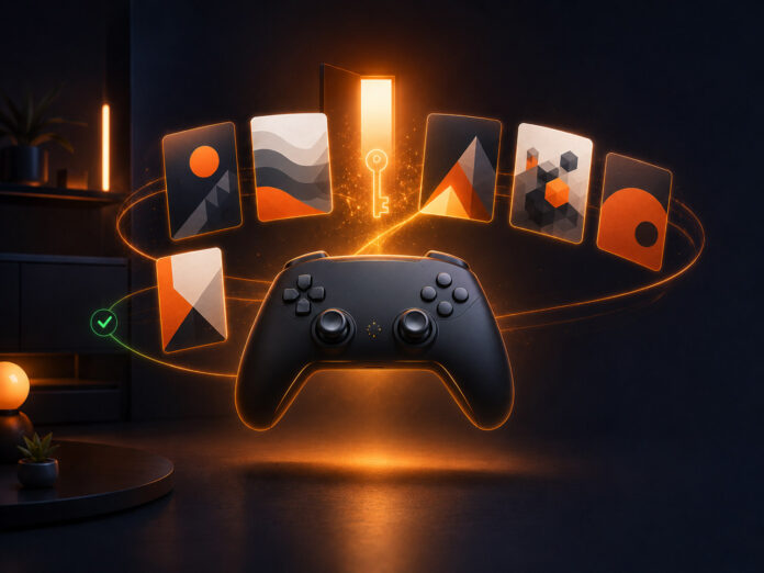 Illustration of a generic game controller beside a glowing library of abstract game tiles, representing a game subscription like Xbox Game Pass.